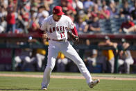 Los Angeles Angels starting pitcher Shohei Ohtani, of Japan, pumps his fist after striking out Oakland Athletics' Matt Chapman to end the eighth inning of a baseball game Sunday, Sept. 19, 2021, in Anaheim, Calif. (AP Photo/Jae C. Hong)