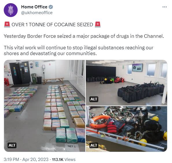 The Home Office posted a Tweet showing the massive haul of cocaine found floating in the Channel. (Twitter/Home Office)