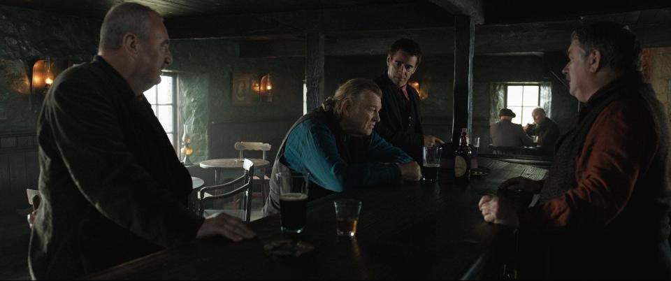 Strife comes to a tight-knit community when Colm (Brendan Gleeson, center) doesn't want to be friends with Pádraic (Colin Farrell) in "The Banshees of Inisherin."