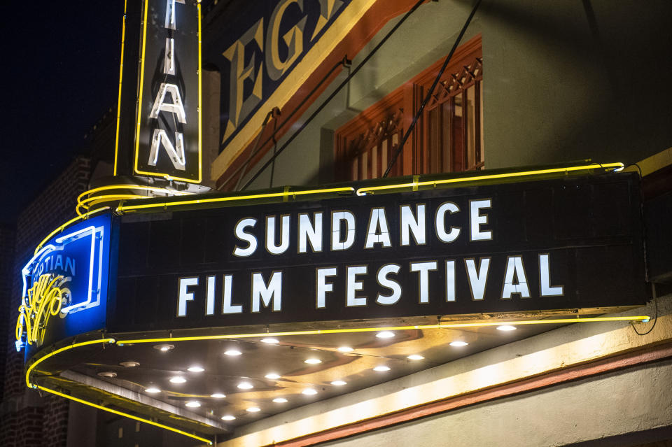 FILE - The marquee of the Egyptian Theatre appears during the Sundance Film Festival in Park City, Utah on Jan. 28, 2020. . (Photo by Arthur Mola/Invision/AP, File)