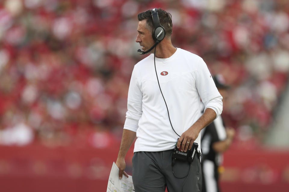 San Francisco 49ers head coach Kyle Shanahan watches during the first half of an NFL preseason football game against the Kansas City Chiefs in Santa Clara, Calif., Saturday, Aug. 14, 2021. (AP Photo/Jed Jacobsohn)