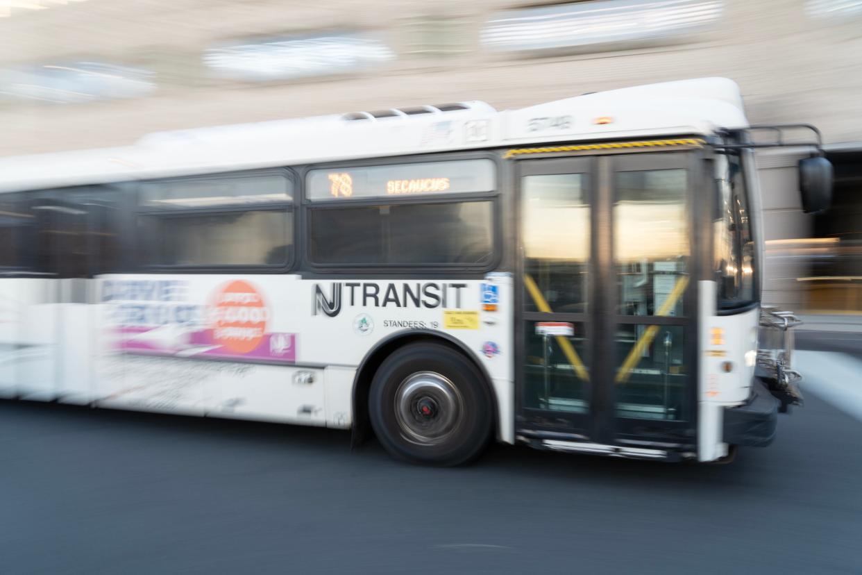 A NJ Transit bus leaves Newark Penn Station in Newark, NJ on Wednesday Nov. 15, 2023.