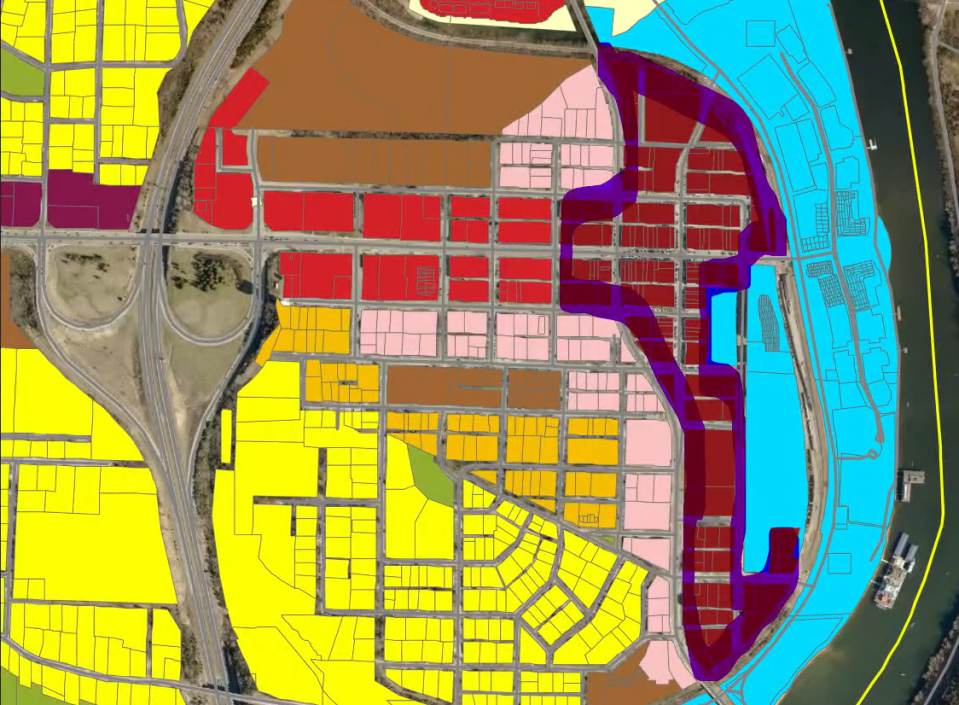 Under a proposed ordinance approved by the Branson Board of Aldermen, drag shows would be restricted to the city's downtown district, highlighted in dark red and outlined in purple.