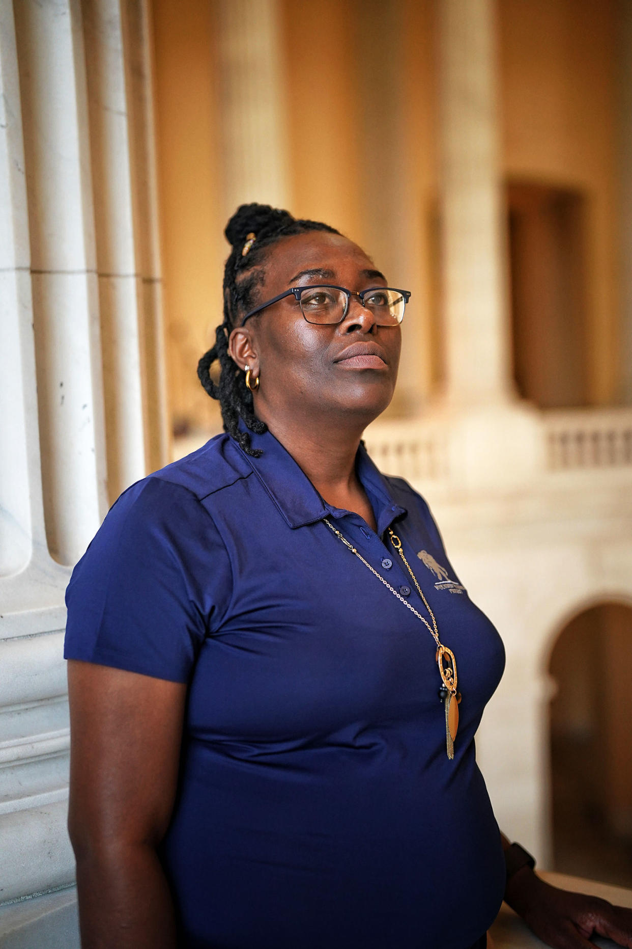 Valerie Lewis, a US Army and Georgia Army National Guard veteran, poses for a portrait on Capitol Hill in Washington, DC. Lewis completed combat tours in Afghanistan and Iraq and was also stationed in Texas and Georgia. (Frank Thorp V / NBC News)