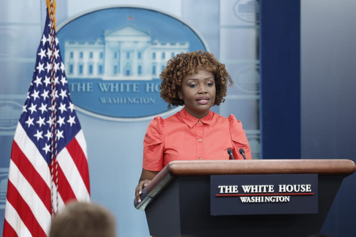 White House Press Secretary Karine Jean-Pierre speaks on March 21, 2023, during a daily news briefing at the James S. Brady Press Briefing Room in the White House in Washington, D.C. (Photo by Anna Moneymaker/Getty Images)