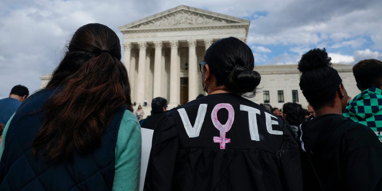 People attend a rally in front of the U.S. Supreme Court Building to celebrate the U.S. Senate's confirmation vote for Judge Ketanji Brown Jackson on April 08, 2022 in Washington, DC.