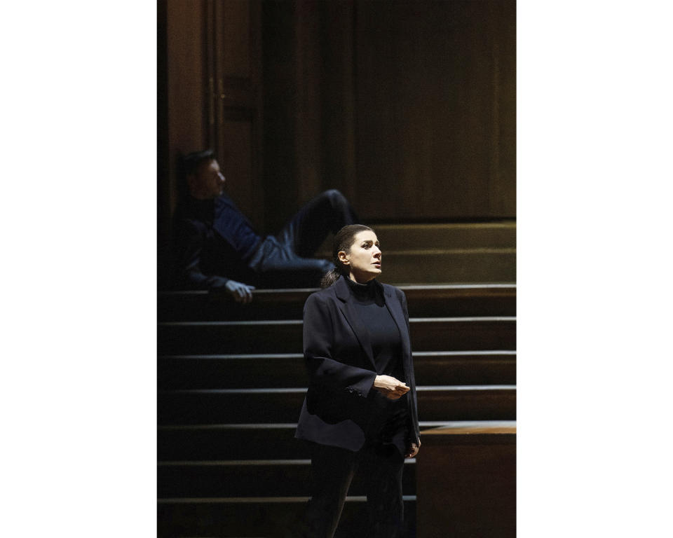 This image provided by the Salzburg Festival shows mezzo-soprano Cecilia Bartoli as Orfeo in a rehearsal of Christof Loy's production of Gluck's "Orfeo ed Eurydice" at the Salzburg Festival. (Monika Rittershaus/Salzburg Festival via AP)