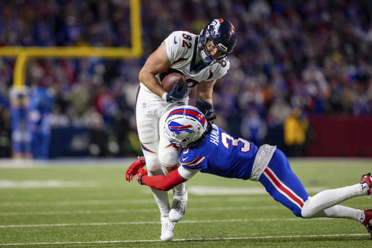 Damar Hamlin's tackle of Adam Trautman was his first since he suffered cardiac arrest on the field last season. (AP Photo/Matt Durisko)