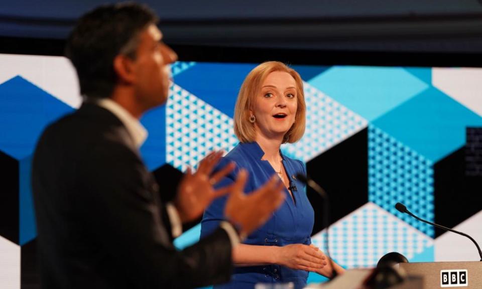 Liz Truss, right, and Rishi Sunak take part in the BBC Conservative party leadership debate in Stoke-on-Trent.