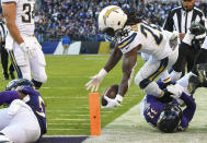 <p>Los Angeles Chargers running back Melvin Gordon III (28) is stopped short of the goal line in the fourth quarter by Baltimore Ravens free safety Eric Weddle (32) on January 6, 2019, at M&T Bank Stadium in Baltimore, MD. (Photo by Mark Goldman/Icon Sportswire) </p>