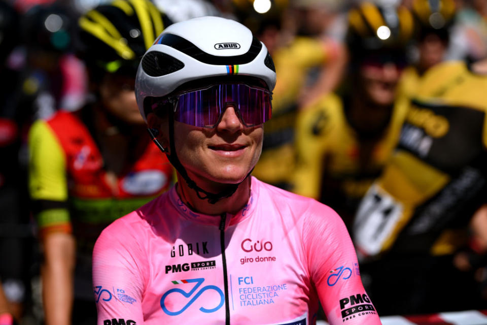 FIDENZA ITALY  JULY 03 Annemiek Van Vleuten of The Netherlands and Movistar Team  Pink Leader Jersey prior to the 34th Giro dItalia Donne 2023 Stage 4 a 134km stage from Fidenza to Borgo Val di Toro  UCIWWT  on July 03 2023 in Fidenza Italy Photo by Dario BelingheriGetty Images