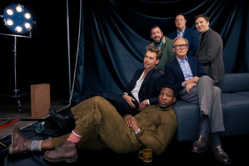 LOS ANGELES, CA - OCTOBER 30: (Clockwise from top right) Paul Dano, Bill Nighy, Jonathan Majors, Austin Butler, Adam Sandler and Brendan Fraser photographed at the 2022 Oscar Roundtables in the Los Angeles Times studio on October 30, 2022 in Los Angeles, California. (Christina House / Los Angeles Times)