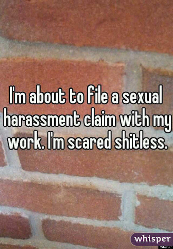 When it comes to sexual harassment in the workplace many picture the blatant sexism of the "Mad Men" era, however, workplace harassment (sadly) comes in all forms. From an unwelcome sexual comment to inappropriate physical touching, sexual harassment should be reported every time, <a href="http://www.huffingtonpost.com/2013/08/27/workplace-sexual-harassment-poll_n_3823671.html" target="_blank">yet it's not always so easy for victims to speak up</a>.  With allegations of sexual assault spanning various workplaces -- including (but not limited to)<a href="http://www.huffingtonpost.com/2014/06/17/terry-richardson-sexual-harassment-anna-del-gaizo_n_5501175.html" target="_blank"> the fashion industry</a> and<a href="http://www.huffingtonpost.com/2014/07/03/tinder-whitney-wolfe-sexual-harassment-lawsuit_n_5555660.html?utm_hp_ref=technology&ir=Technology" target="_blank"> tech startups </a>-- it's no surprise that workplace harassment is still common, even when it's not making front page news.  In 2011, the U.S. Equal Employment Opportunity Commission <a href="http://www.aauw.org/what-we-do/legal-resources/know-your-rights-at-work/workplace-sexual-harassment/" target="_blank">received 11,364 complaints of sexual harassment</a>, 84 percent of which were filed by women and 16 percent by men. <a href="http://www.aauw.org/what-we-do/legal-resources/know-your-rights-at-work/workplace-sexual-harassment/" target="_blank">The American Association of University Women also reported that a telephone poll of 782 U.S. workers revealed </a>that of the 38 percent of workers who said they had been sexually harassed, less than half reported their harassment.  <strong>Inspired by our friends over at <a href="http://jezebel.com/women-post-awful-tales-of-workplace-harassment-on-secre-1601929462" target="_blank">Jezebel</a>, we rounded up 11 testimonies found on the anonymous message-sharing app <a href="http://whisper.sh/stories/" target="_blank">Whisper</a> that speak to the bravery required to report their harassers, but also the relief they feel once they do.</strong>