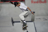 FILE - Japan's Sora Shirai practices ahead of the Men's practice final day at the Skate Street World Championships in Sharjah, United Arab Emirates, Sunday, Feb 5, 2023. (AP Photo/Kamran Jebreili, File)