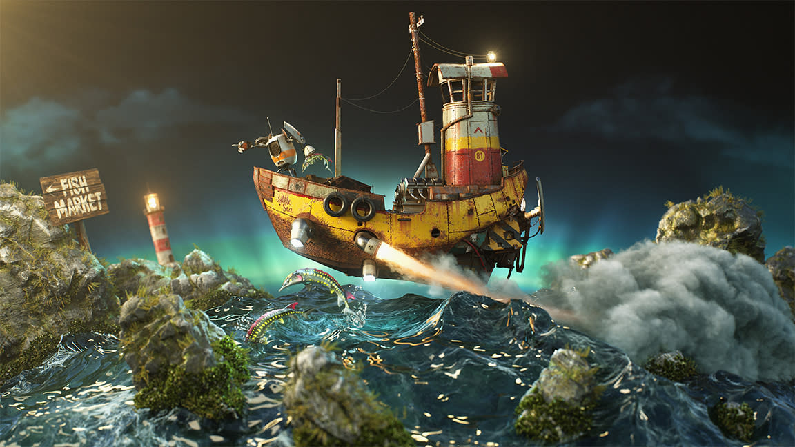  RenderMan 25 review; a cartoon ship in a storm sea 