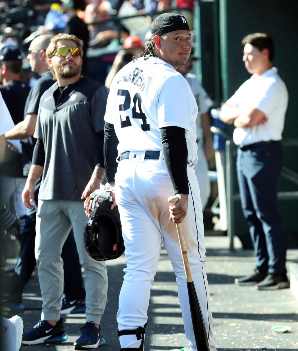 Detroit Tigers designated hitter Miguel Cabrera (24) in the dugout during action against the Cleveland Guardians at Comerica Park in Detroit on Saturday, Sept. 30, 2023.