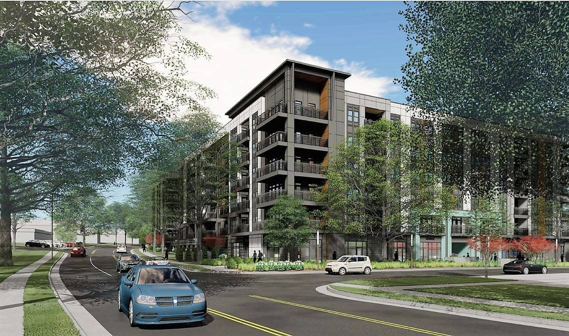 A seven-story apartment building with 253 units, a pool and a 428-space parking deck is the first phase of redevelopment planned for University Place mall on Estes Drive, Fordham Boulevard and Willow Drive in Chapel Hill. BB+M Architecture/Contributed