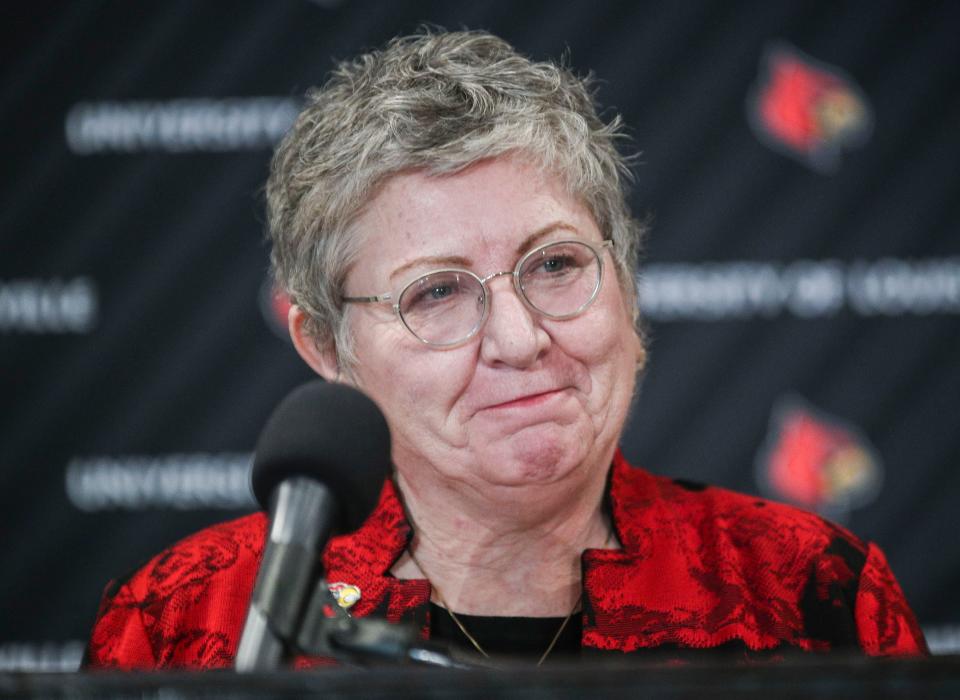 New UofL President Kim Schatze speaks to the media and UofL administration after she was named as the 19th President for the University of Louisville. Schatzel is the second woman to lead the school. Nov. 30, 2022