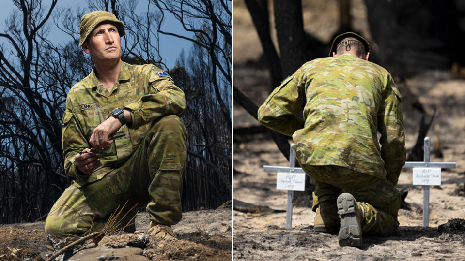 Army reservist Kynan Lang at a memorial for his relatives, Dick and Clayton Lang.