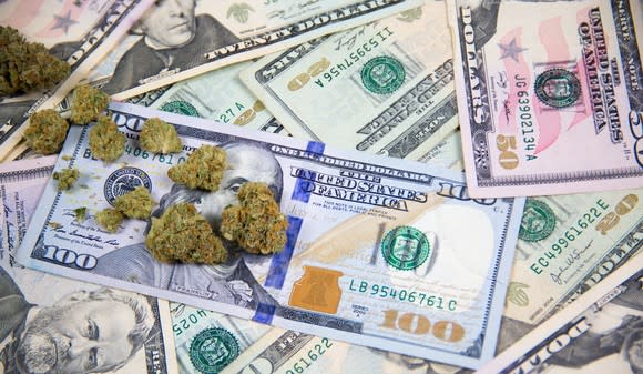 Marijuana buds on top of cash