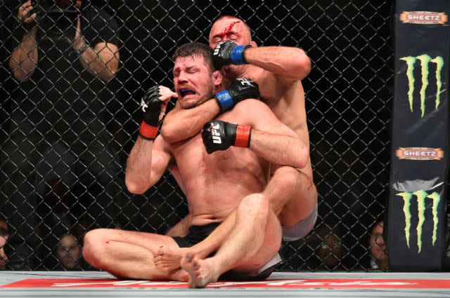 GSP chokes out Bisping at UFC 217. Pic: Getty