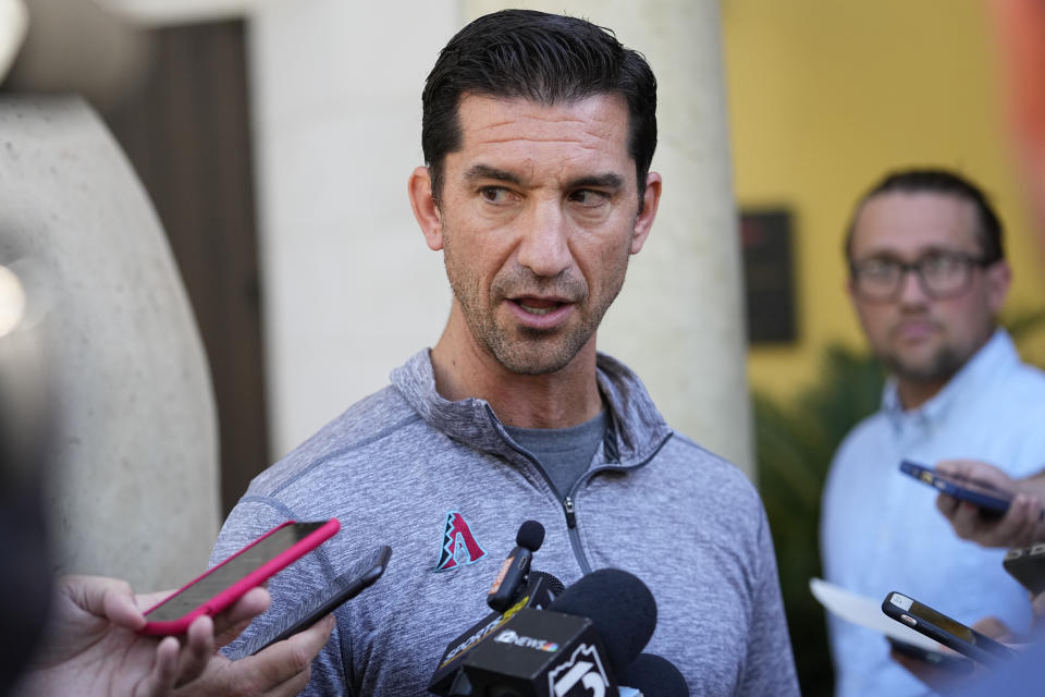 Arizona Diamondbacks General Manager Mike Hazen speaks during the Major League Baseball's general manager meetings, Wednesday, Nov. 8, 2023, in Scottsdale, Ariz. (AP Photo/Matt York)