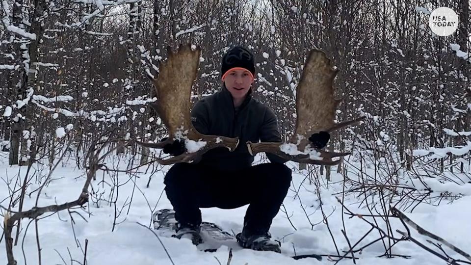 Canadian wildlife enthusiast Derek Keith Burgoyne is pictured with the moose antlers that he captured being shed with his drone on Jan. 12, 2023 in New Brunswick, Canada.