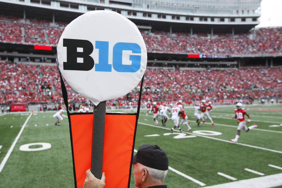 General view of the Big Ten logo on a yard marker during the game between Ohio State and Rutgers on Oct. 1, 2016. (Joe Robbins/Getty Images) 