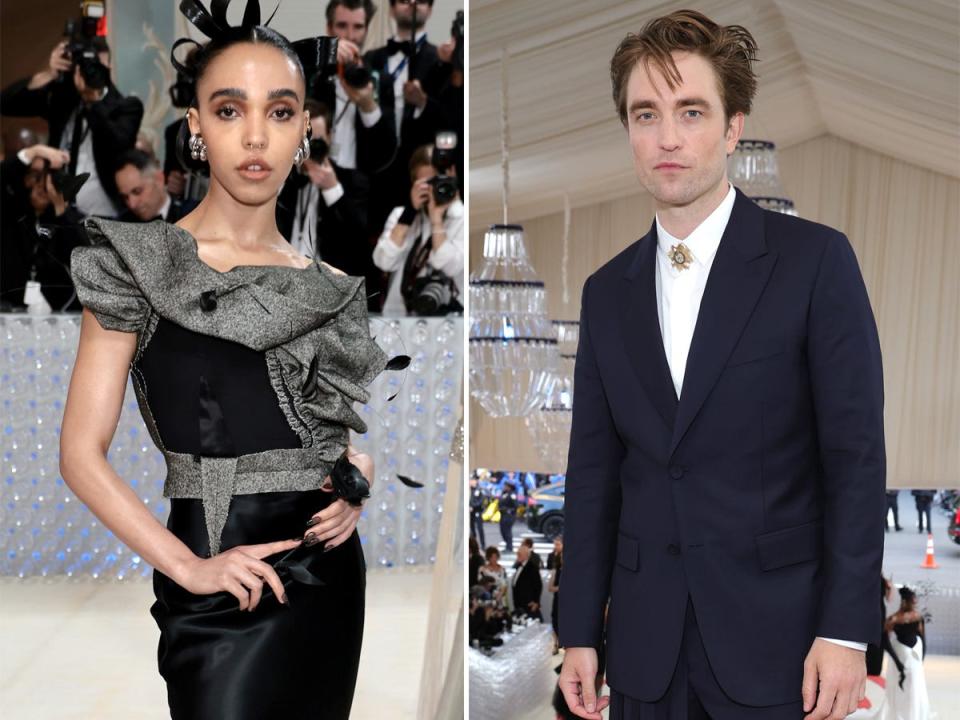 A side-by-side of FKA Twigs and Robert Pattinson at the 2023 Met Gala.
