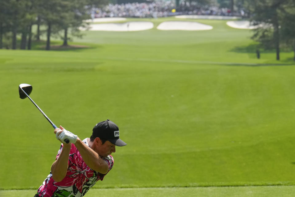 Viktor Hovland, of Norway, hits his tee shot on the seventh hole during the first round of the Masters golf tournament at Augusta National Golf Club on Thursday, April 6, 2023, in Augusta, Ga. (AP Photo/Charlie Riedel)