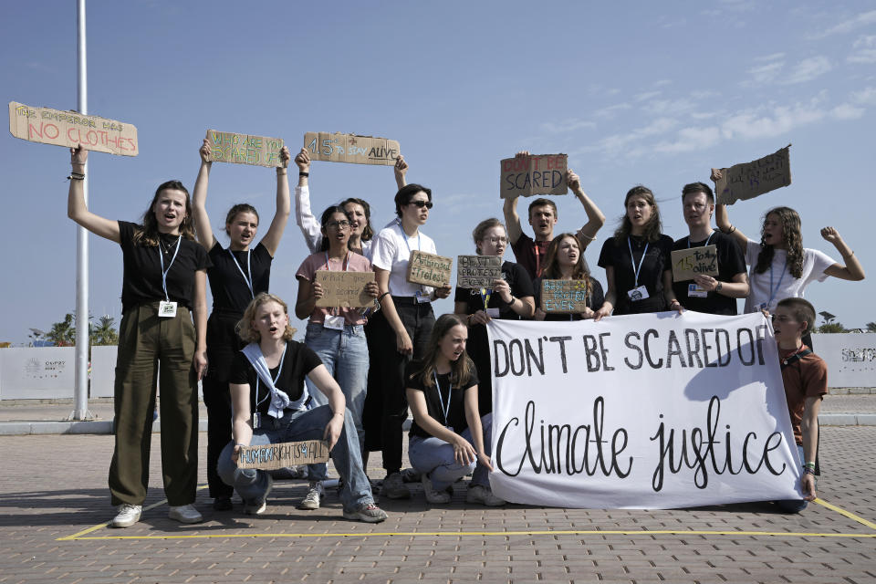 Climate activists participate in a demonstration at the designated protest zone for the COP27 U.N. Climate Summit, Tuesday, Nov. 15, 2022, in Sharm el-Sheikh, Egypt. (AP Photo/Nariman El-Mofty)