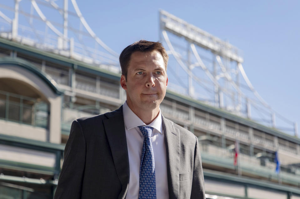 New Chicago Cubs general manager Carter Hawkins looks on after being introduced Monday, Oct. 18, 2021, outside Wrigley Field in Chicago. (Brian Cassella/Chicago Tribune)