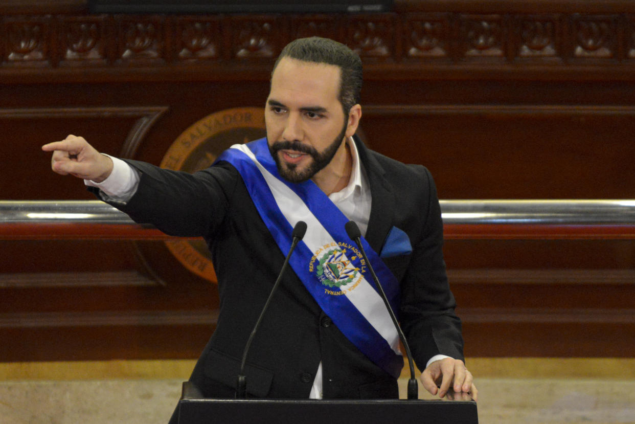 SAN SALVADOR, EL SALVADOR - JUNE 01: President of El Salvador Nayib Bukele delivers a message to the citizens as he celebrates his third year in office at the Legislative Assembly of the Republic of El Salvador building on June 1, 2022 in San Salvador, El Salvador. Salvadoran President Nayib Bukele is celebrating his third year in office. (Photo by Ulises Rodriguez/APHOTOGRAFIA/Getty Images)