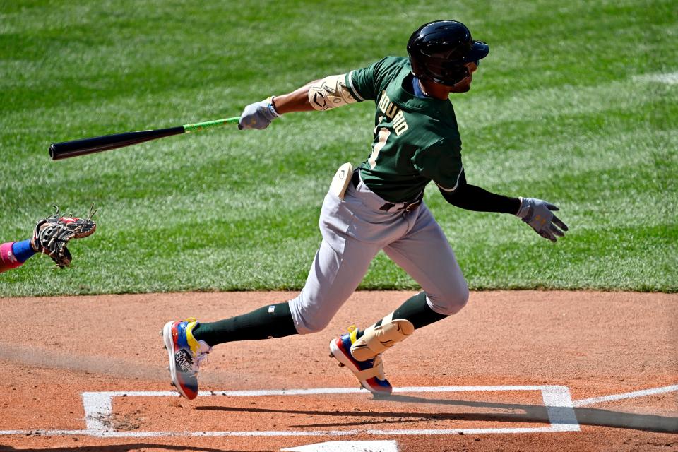 SEATTLE, WASHINGTON - JULY 08: Jackson Chourio #11 of the Milwaukee Brewers bats during the SiriusXM All-Star Futures Game at T-Mobile Park on July 08, 2023 in Seattle, Washington. (Photo by Alika Jenner/Getty Images)