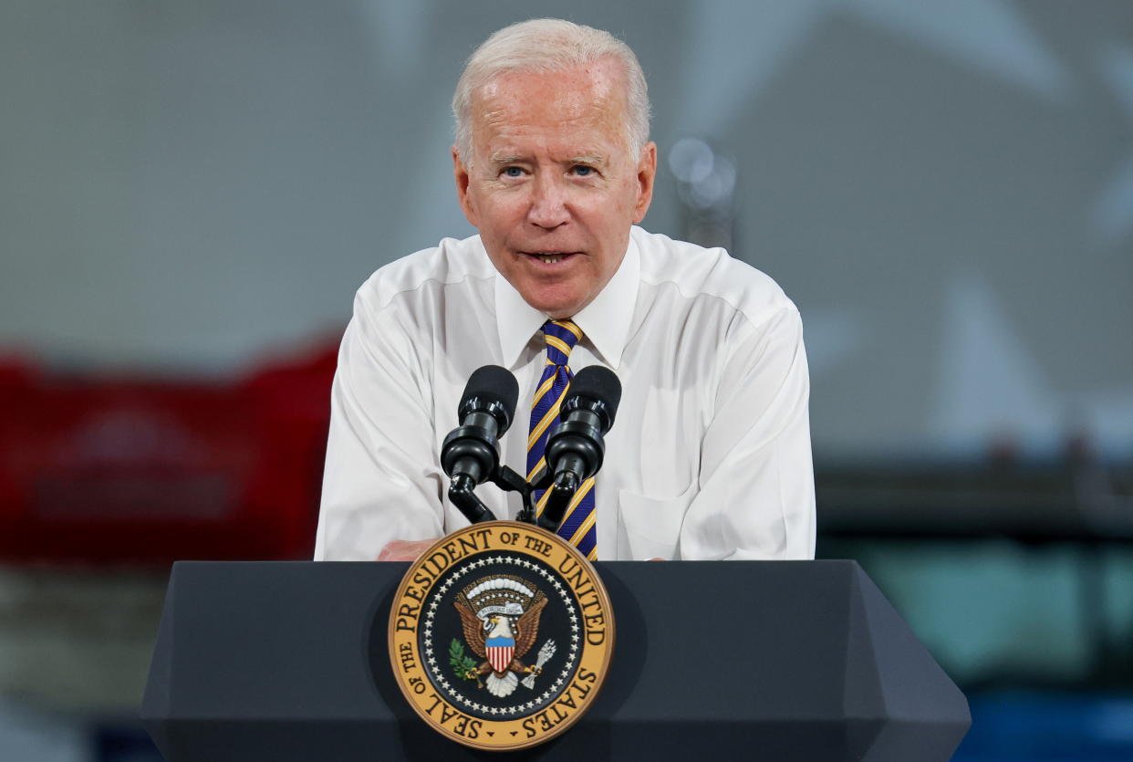 U.S. President Joe Biden speaks during a visit to the Mack-Lehigh Valley Operations Manufacturing Facility in Macungie, Pensylvania, U.S., July 28, 2021. (Evelyn Hockstein/Reuters)