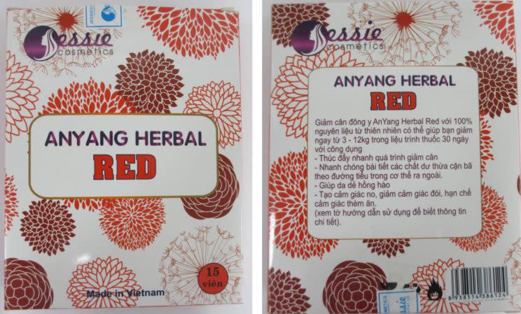 The “Anyang Herbal Red” weight-loss product that was found to contain high levels of sibutramine. (PHOTO: HSA)