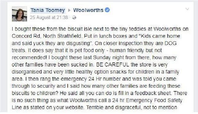 Ms Toomey's complaint on the Woolworths Facebook page. Source: Facebook