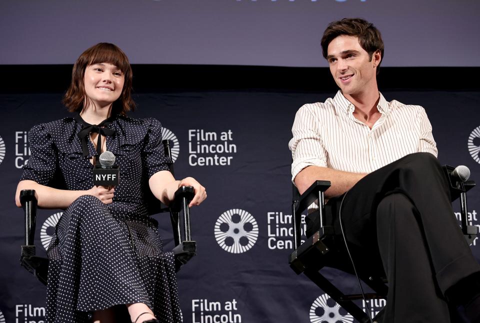 Cailee Spaeny, left, and Jacob Elordi attend the New York Film Festival press conference for "Priscilla" on Friday.