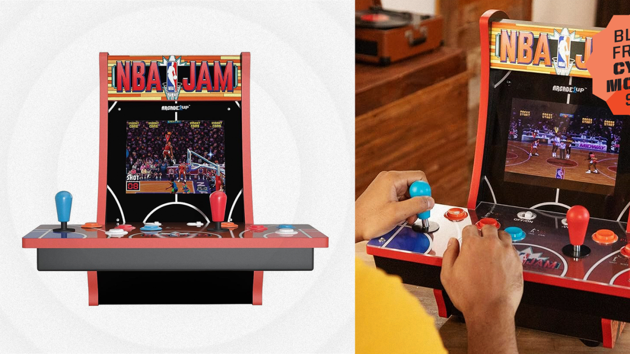 a person playing a tabletop nba jams arcade game, black friday cyber monday sale