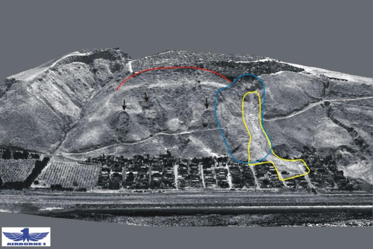 The area of the most recent slide on the La Conchita hillside is located near the far right arrow in this image. The 1995 and 2005 slides also are outlined on the hillside.