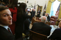 White House senior advisor Jared Kushner looks on as U.S. President Trump meets with China's Vice Premier Liu He in the Oval Office at the White House in Washington, U.S., April 4, 2019. REUTERS/Jonathan Ernst