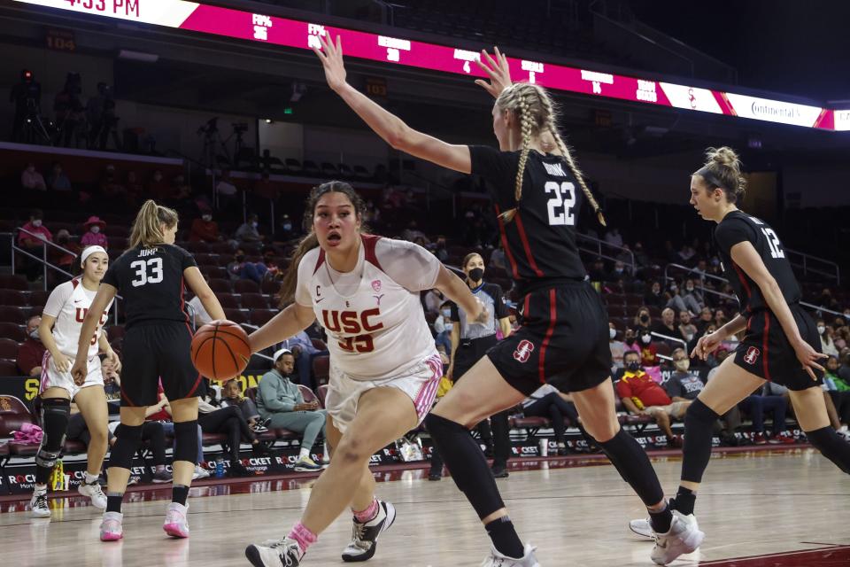 Southern California forward Alissa Pili (35) drives against Stanford forward Cameron Brink (22) in the second half of an NCAA college basketball game Sunday, Feb. 6, 2022, in Los Angeles. After three seasons, Pili transferred to Utah, where she’s starred the past two years. | Ringo H.W. Chiu, Associated Press