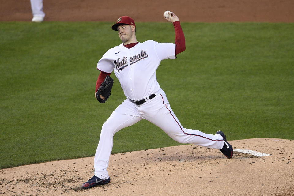 Washington Nationals starting pitcher Patrick Corbin throws during the third inning of the team's baseball game against the New York Mets, Thursday, Sept. 24, 2020, in Washington. (AP Photo/Nick Wass)