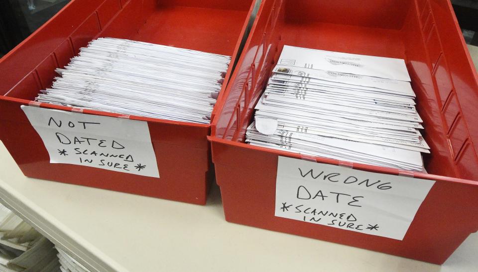 Mail-in ballots from the 2022 midterm election that were not dated, shown at left, or incorrectly dated, at right, are displayed at the Erie County Courthouse on Election Day, Nov. 8, 2022. The 3rd U.S. Circuit Court of Appeals has refused to reconsider a decision that said incorrectly dated or undated ballots must be invalidated in Pennsylvania, even if the ballots are received in time.