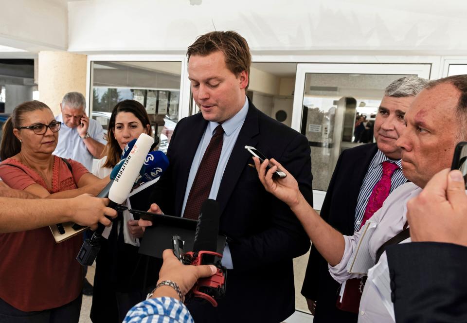 Michael Polak from the UK legal aid group Justice Abroad answers reporters' questions after a hearing on October 2, 2019 in the case of a British teenager (unseen), accused of fasely claiming that she was gang raped by Israeli tourists, at the Famagusta District Court in the coastal resort of Paralimni in eastern Cyprus. (Photo by Iakovos Hatzistavrou / AFP) (Photo by IAKOVOS HATZISTAVROU/AFP via Getty Images)
