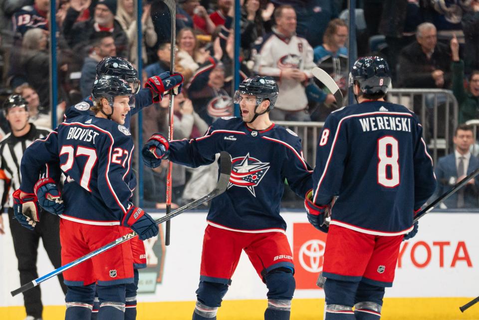 Nov 29, 2023; Columbus, Ohio, USA;
Columbus Blue Jackets celebrate Patrik Laine’s (29) goal during the second period of their game against the Montreal Canadiens on Wednesday, Nov. 29, 2023 at Nationwide Arena.