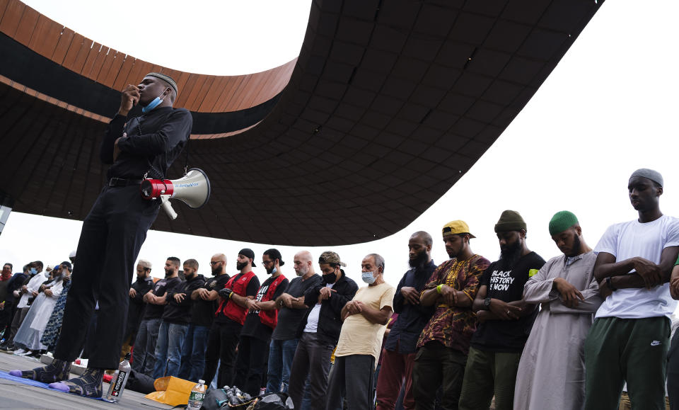 A group of Muslims gather for Friday prayers and Khutbah, and a subsequent Black Lives Matter march, outside of the Barclay's Center in Brooklyn, New York, June 5, 2020.<span class="copyright">Justin Lane—EPA-EFE/Shutterstock</span>