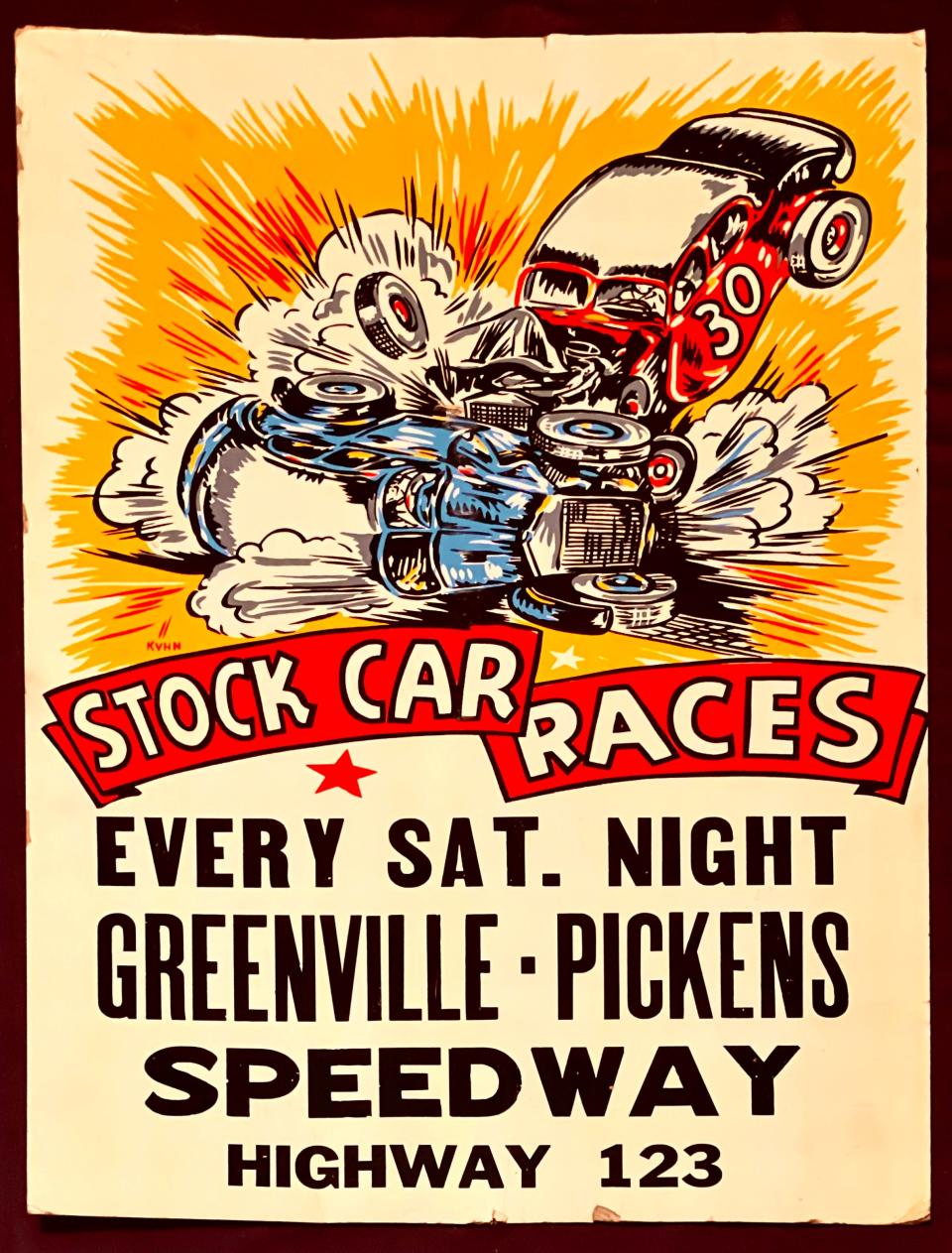 A cardboard poster from the 1960s promoting Saturday evening stock car races at the Greenville-Pickens Speedway fairgrounds.