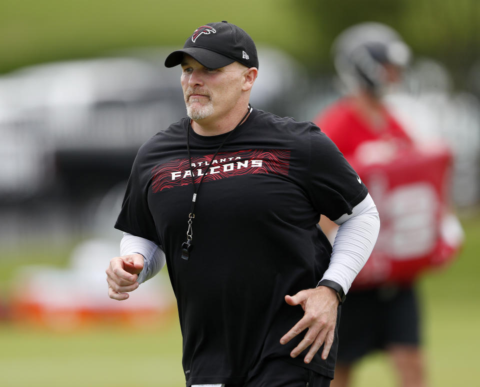 Atlanta Falcons head coach Dan Quinn is shown during an NFL football practice Tuesday, June 5, 2018, in Flowery Branch, Ga. (AP Photo/John Bazemore)