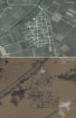 This combination of satellite images from Maxar Technologies compares a view on Sept. 16, 2022, of the village of Metamorfosi in the central region of Thessaly, Greece and on Sept. 9, 2023 after it was flooded following torrential rain earlier in the week. (Satellite image ©2023 Maxar Technologies via AP)